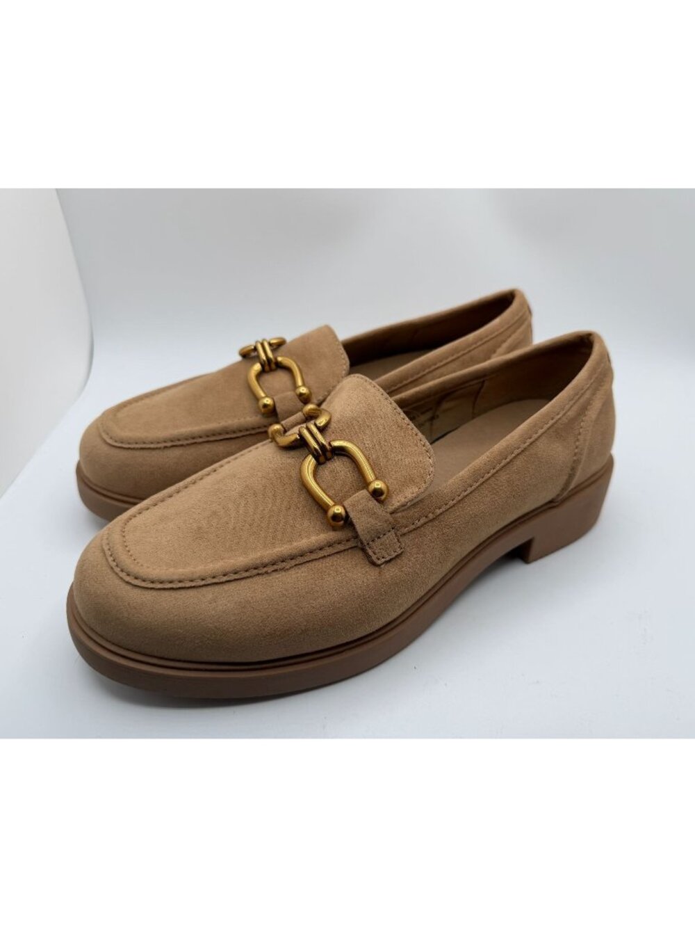 Torrid Lug Sole Loafers Women Size 9WW Fabric Taupe Gold-Tone Horsebit Y2K Shoes
